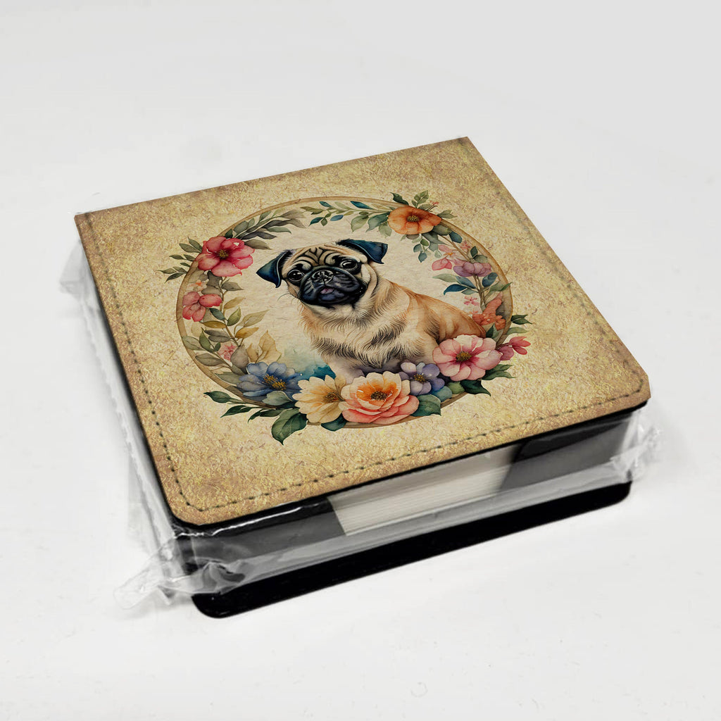 Fawn Pug and Flowers PU Leather Note Paper Holder with Artist-Designed Cover, Desk Accessory, Office Gift