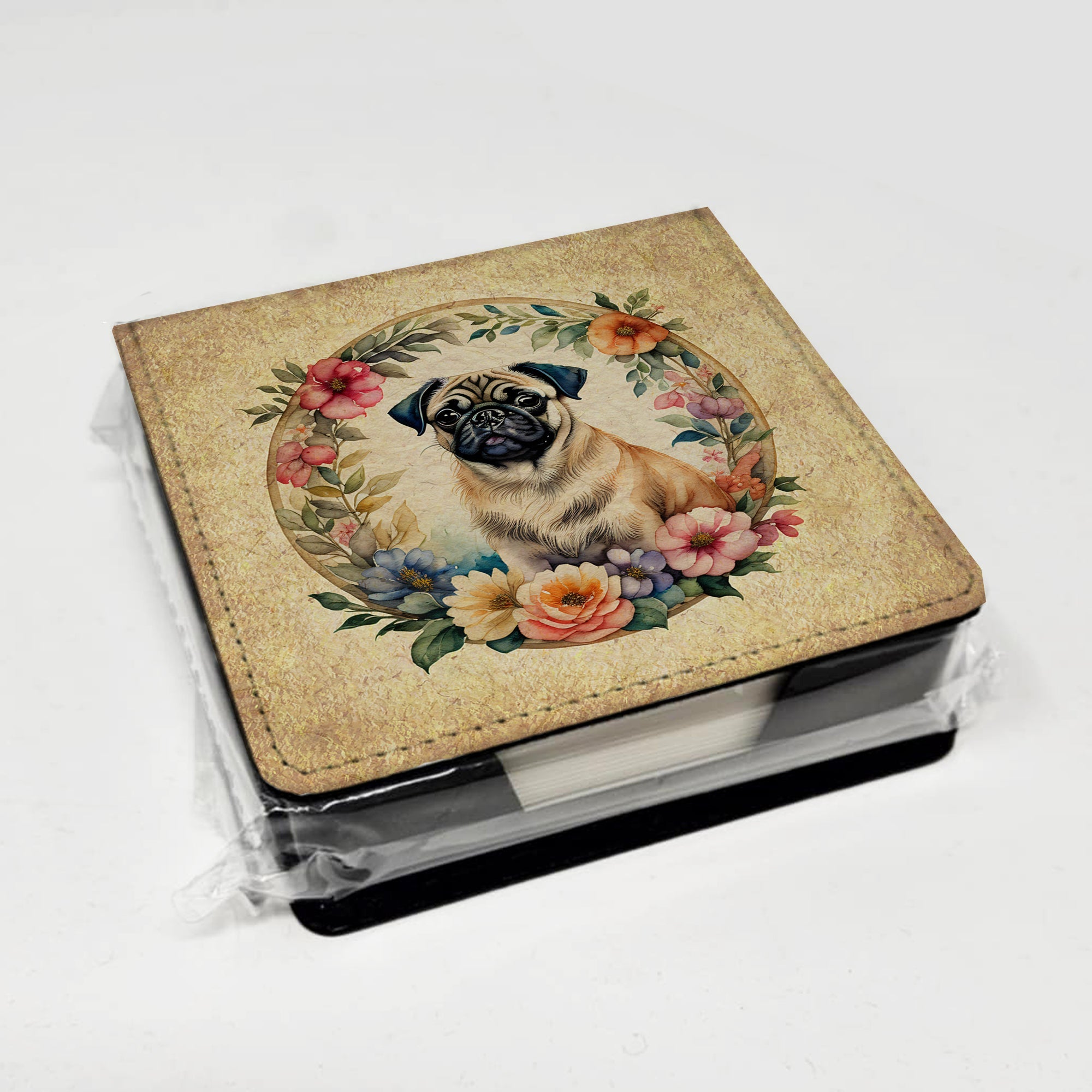Fawn Pug and Flowers PU Leather Note Paper Holder with Artist-Designed Cover, Desk Accessory, Office Gift