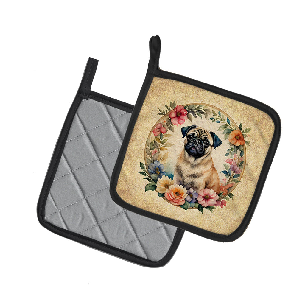 Fawn Pug and Flowers Pot Holder Set of 2 Heat Resistant Quilted Hot Pads 7.5 x 7.5 Inch, Insulated Kitchen Trivets for Cooking & Baking