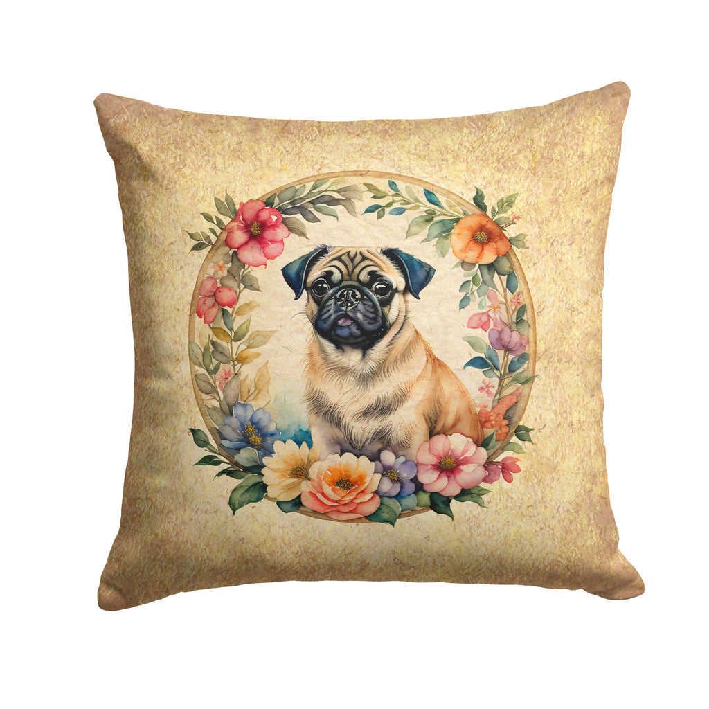 Fawn Pug and Flowers Decorative Throw Pillow 14x14 Indoor Outdoor Accent Cushion, Fabric Cover with Insert for Sofa, Bed, Porch & Living Room