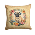 Fawn Pug and Flowers Decorative Throw Pillow 14x14 Indoor Outdoor Accent Cushion, Fabric Cover with Insert for Sofa, Bed, Porch & Living Room