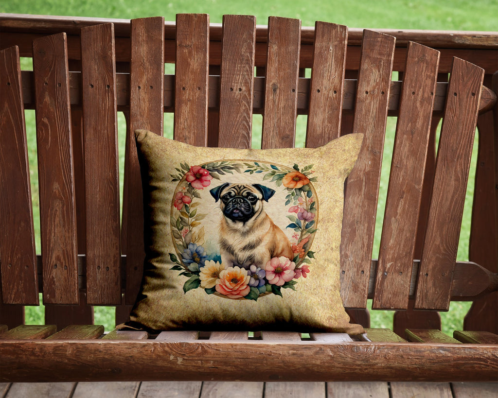 Fawn Pug and Flowers Decorative Throw Pillow 14x14 Indoor Outdoor Accent Cushion, Fabric Cover with Insert for Sofa, Bed, Porch & Living Room