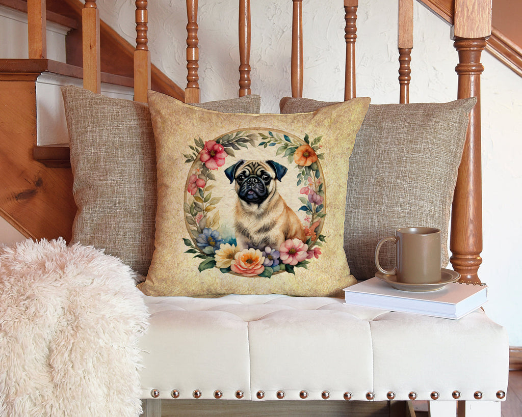 Fawn Pug and Flowers Decorative Throw Pillow 14x14 Indoor Outdoor Accent Cushion, Fabric Cover with Insert for Sofa, Bed, Porch & Living Room