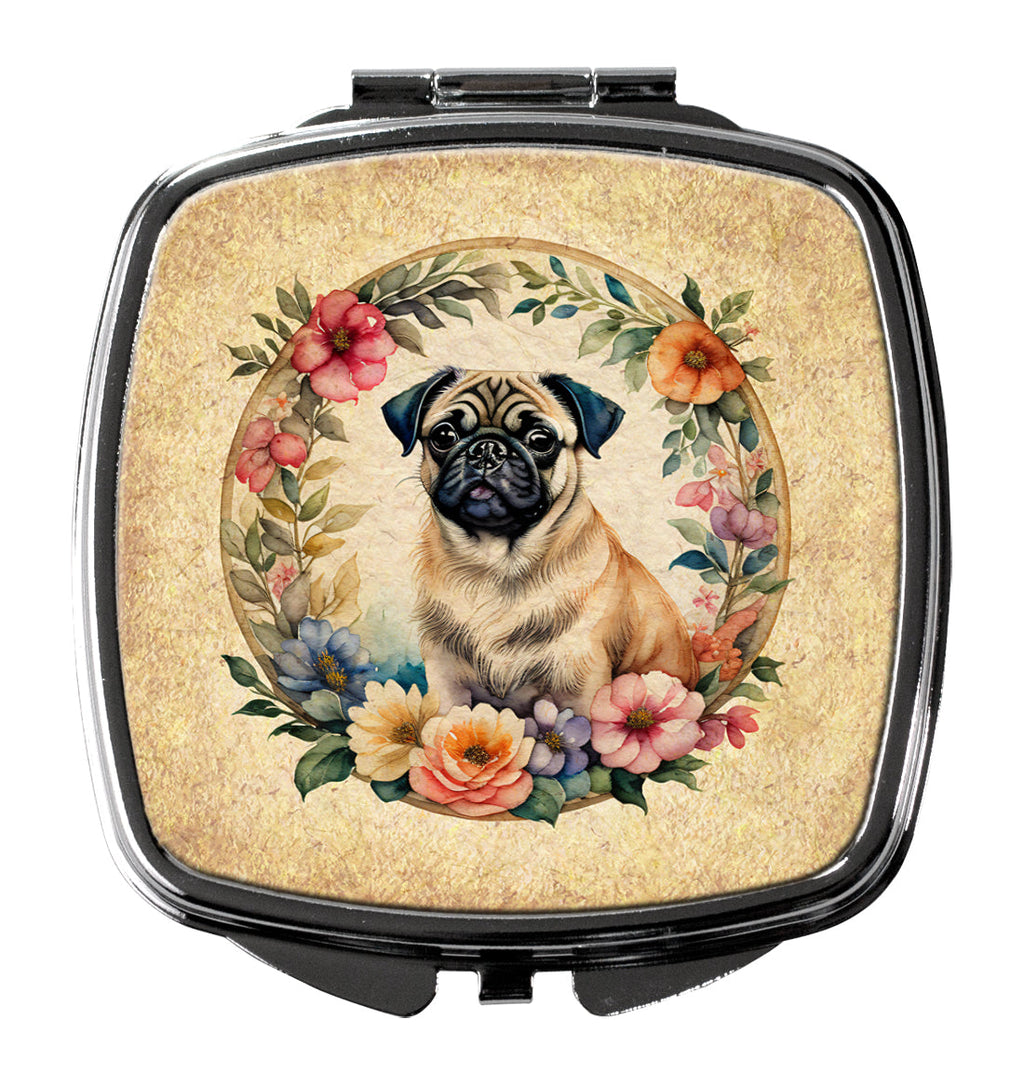 Fawn Pug and Flowers Compact Mirror Decorative Travel Makeup Mirror for Women Girls Gifts Pocket Makeup Mirror Folding Handheld