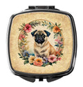 Fawn Pug and Flowers Compact Mirror Decorative Travel Makeup Mirror for Women Girls Gifts Pocket Makeup Mirror Folding Handheld