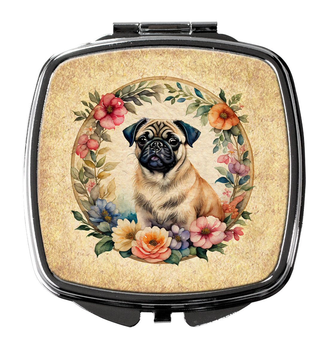 Fawn Pug and Flowers Compact Mirror Decorative Travel Makeup Mirror for Women Girls Gifts Pocket Makeup Mirror Folding Handheld