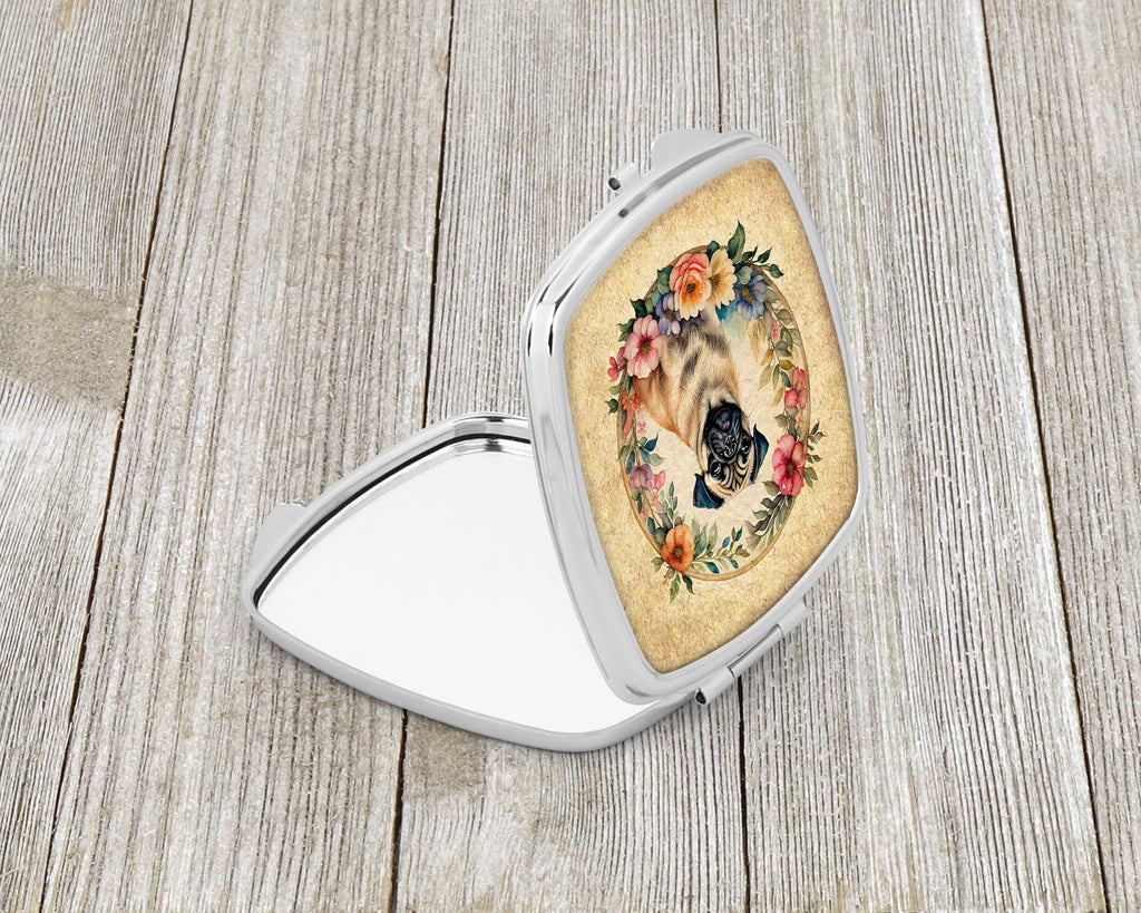 Fawn Pug and Flowers Compact Mirror Decorative Travel Makeup Mirror for Women Girls Gifts Pocket Makeup Mirror Folding Handheld
