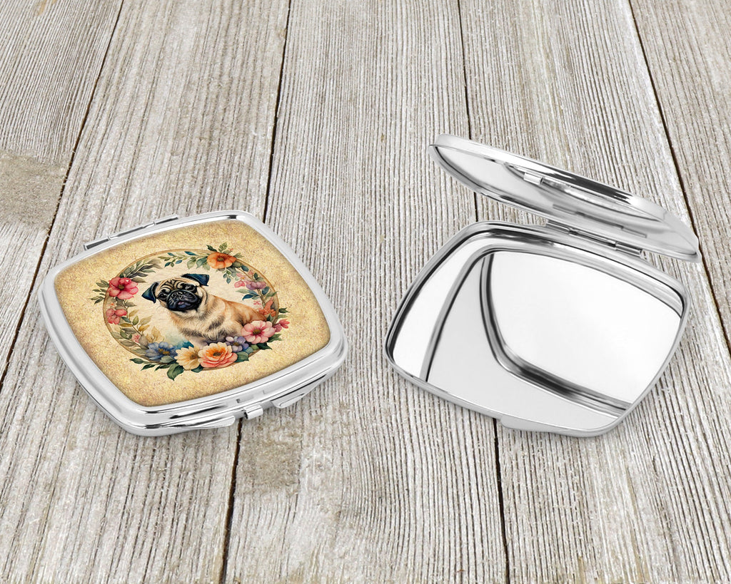 Fawn Pug and Flowers Compact Mirror Decorative Travel Makeup Mirror for Women Girls Gifts Pocket Makeup Mirror Folding Handheld