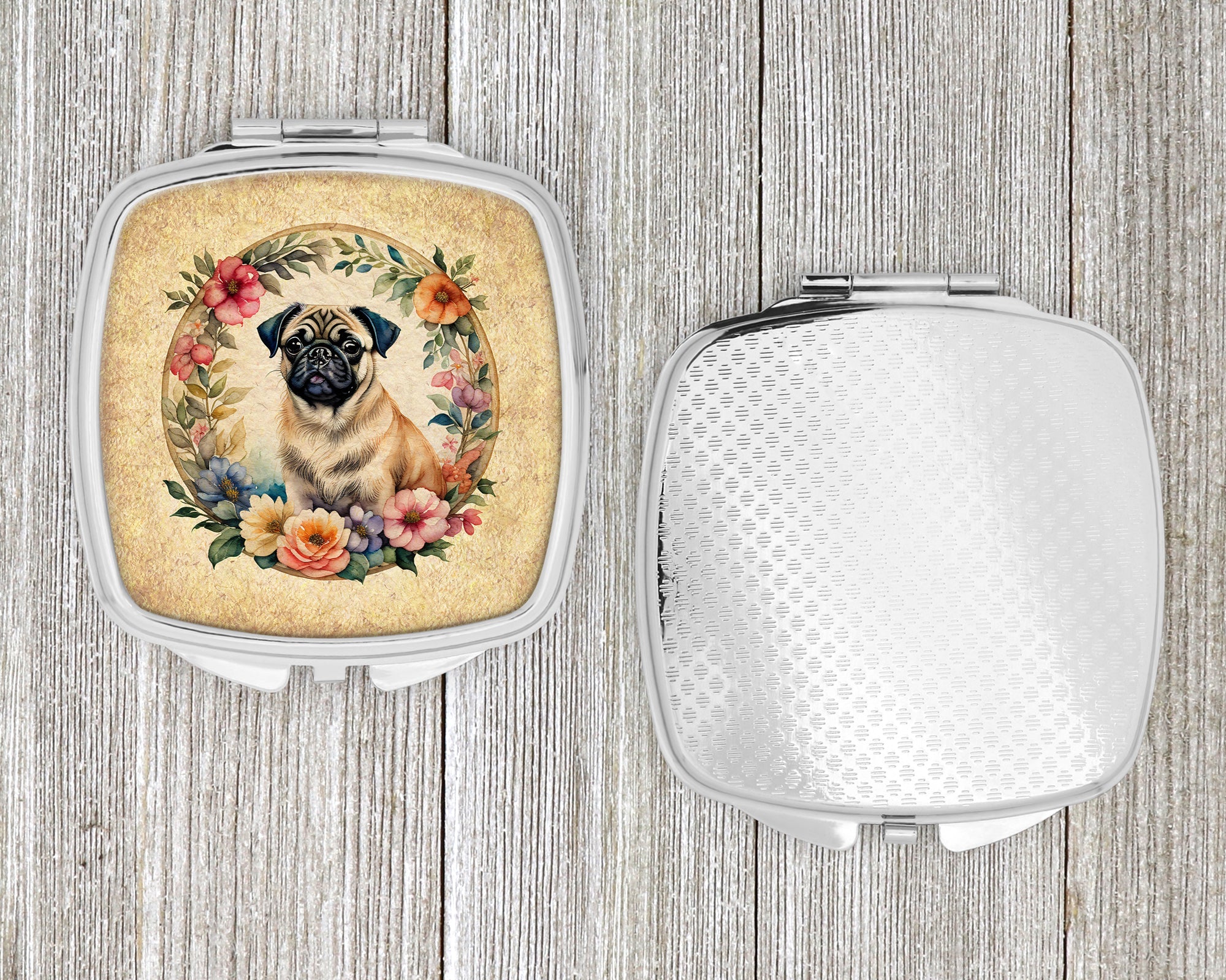 Fawn Pug and Flowers Compact Mirror Decorative Travel Makeup Mirror for Women Girls Gifts Pocket Makeup Mirror Folding Handheld