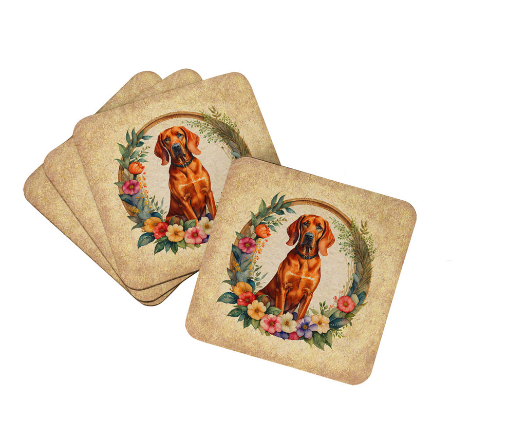 Redbone Coonhound and Flowers Foam Coasters Set of 4 Cup Coasters for Indoor Outdoor, Tabletop Protection, Anti Slip, Mouse pad Material