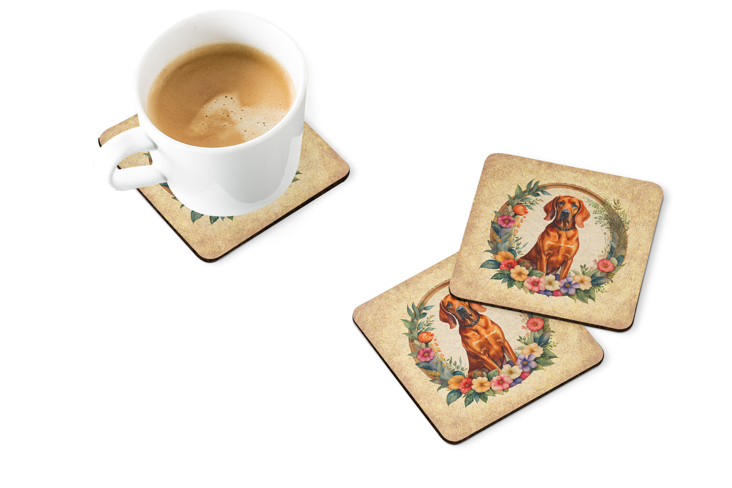 Redbone Coonhound and Flowers Foam Coasters Set of 4 Cup Coasters for Indoor Outdoor, Tabletop Protection, Anti Slip, Mouse pad Material