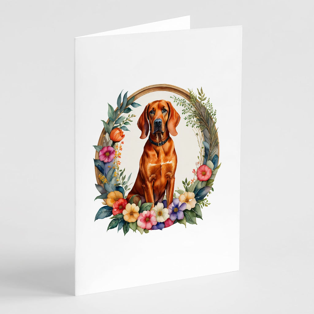 Redbone Coonhound and Flowers Greeting Cards Pack of 8 Blank Cards with Envelopes Whimsical A7 Size 5x7