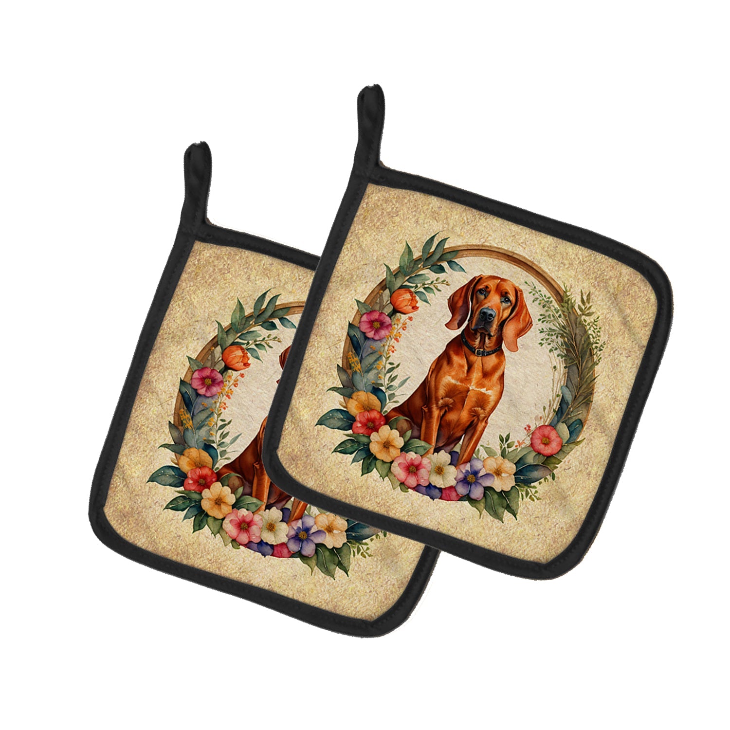 Redbone Coonhound and Flowers Pot Holder Set of 2 Heat Resistant Quilted Hot Pads 7.5 x 7.5 Inch, Insulated Kitchen Trivets for Cooking & Baking