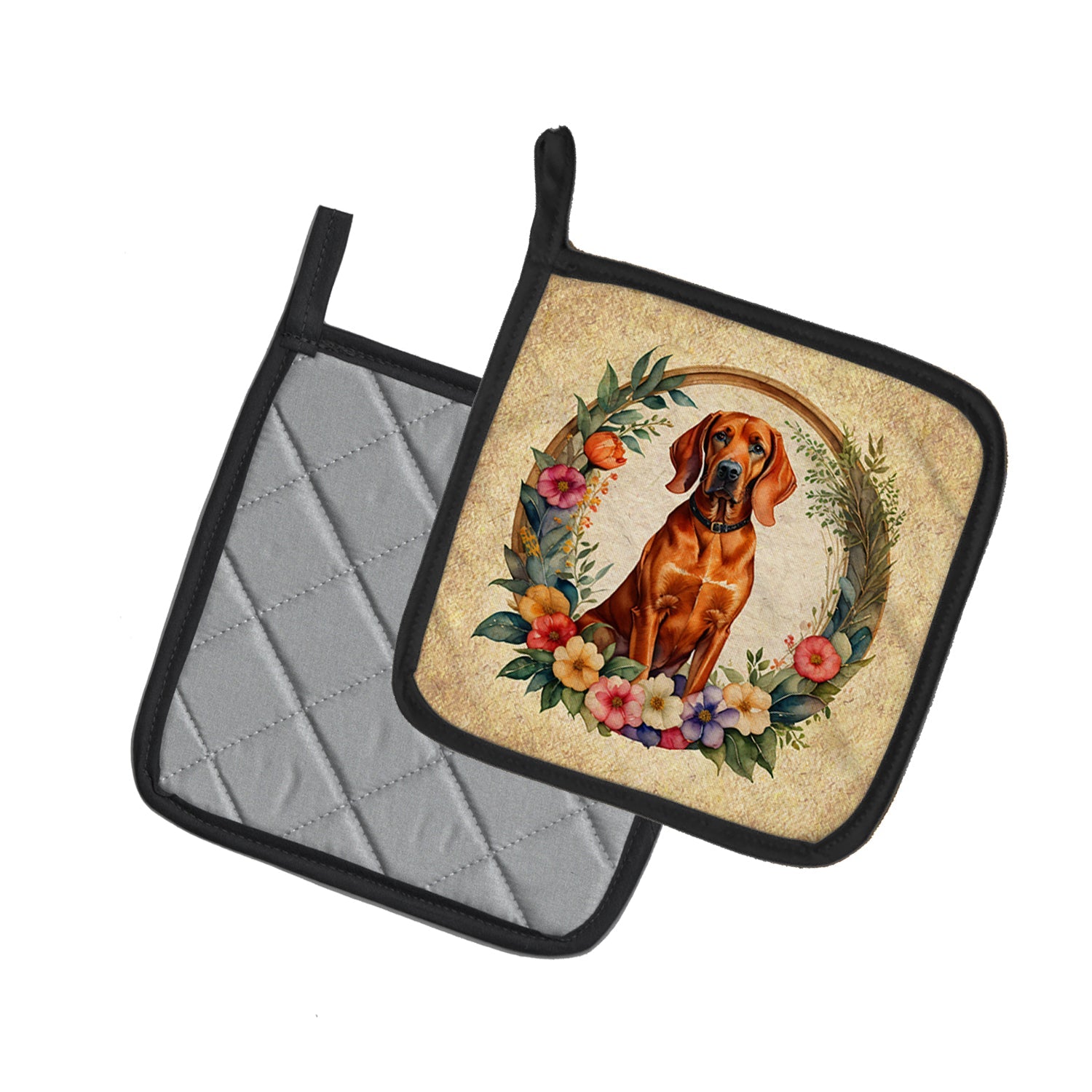 Redbone Coonhound and Flowers Pot Holder Set of 2 Heat Resistant Quilted Hot Pads 7.5 x 7.5 Inch, Insulated Kitchen Trivets for Cooking & Baking