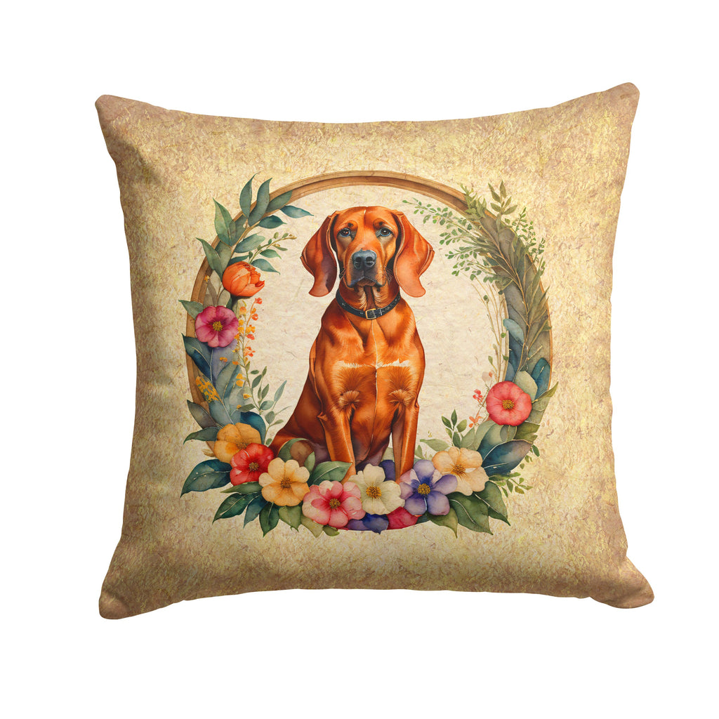 Redbone Coonhound and Flowers Decorative Throw Pillow 14x14 Indoor Outdoor Accent Cushion, Fabric Cover with Insert for Sofa, Bed, Porch & Living Room