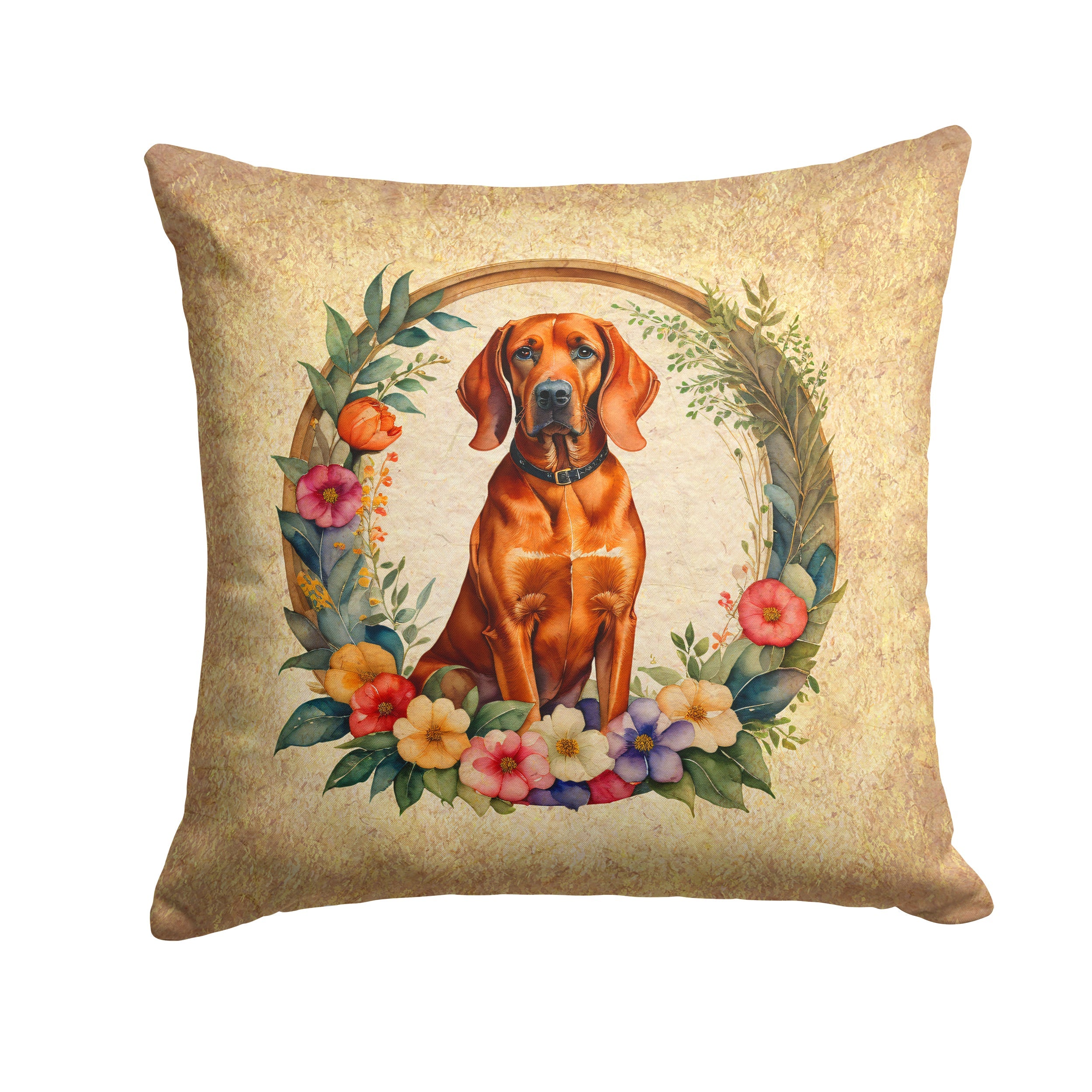Redbone Coonhound and Flowers Decorative Throw Pillow 14x14 Indoor Outdoor Accent Cushion, Fabric Cover with Insert for Sofa, Bed, Porch & Living Room