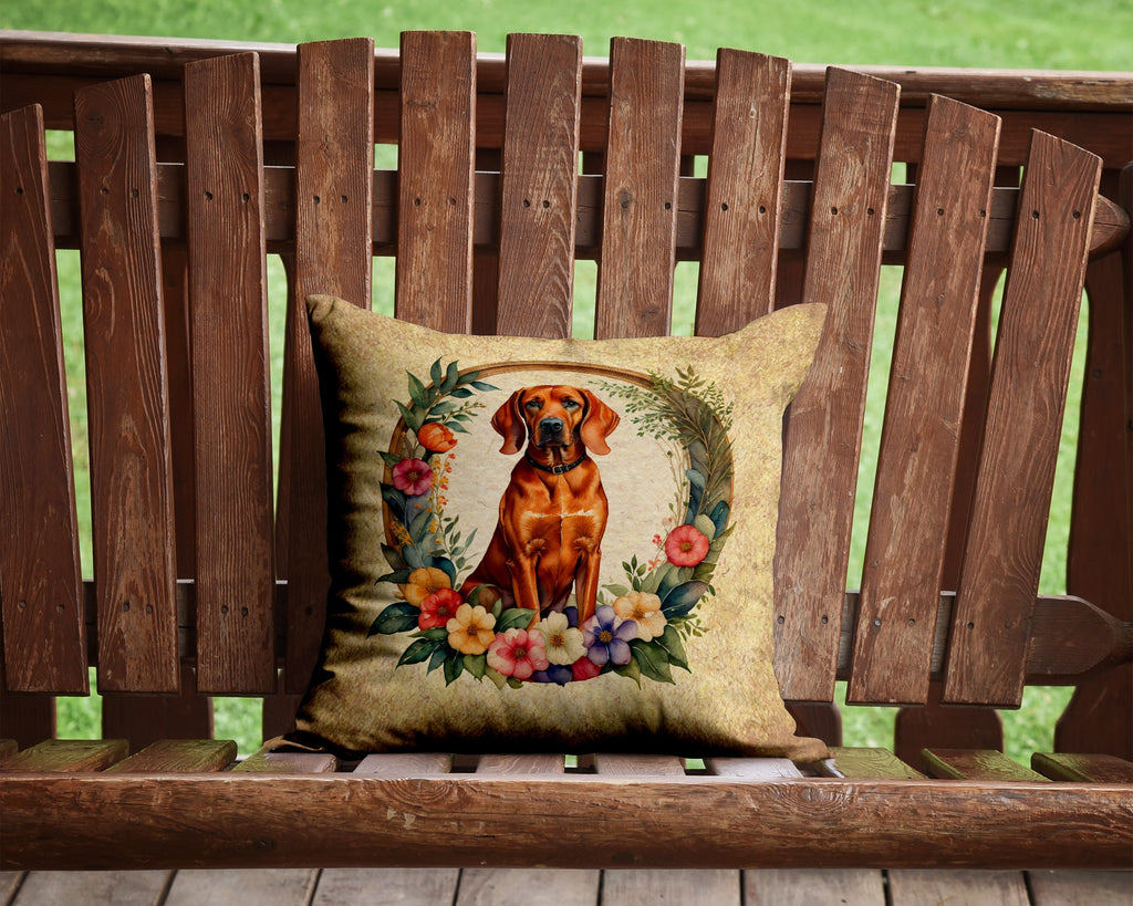 Redbone Coonhound and Flowers Decorative Throw Pillow 14x14 Indoor Outdoor Accent Cushion, Fabric Cover with Insert for Sofa, Bed, Porch & Living Room