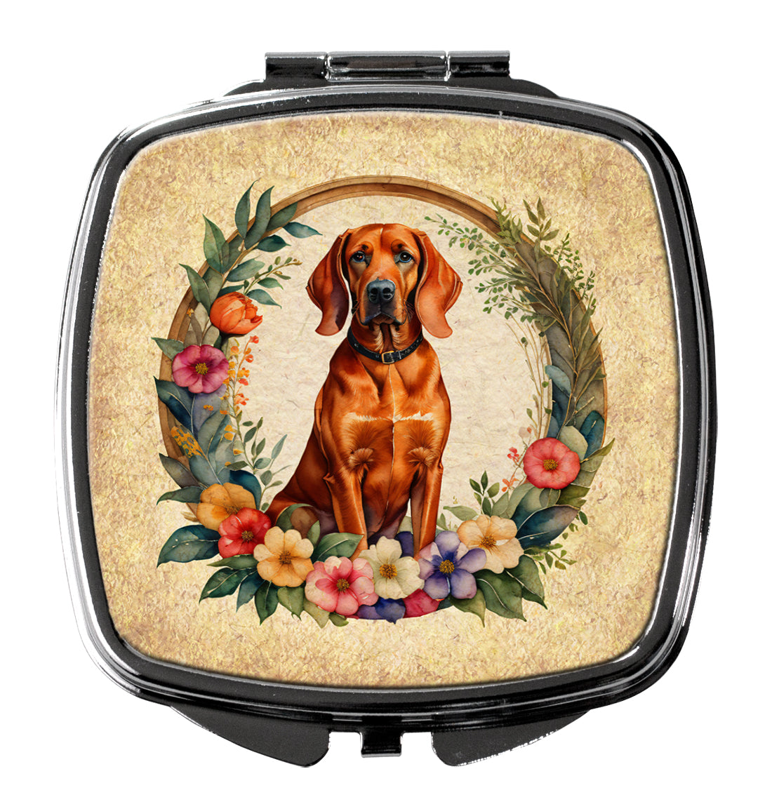 Redbone Coonhound and Flowers Compact Mirror Decorative Travel Makeup Mirror for Women Girls Gifts Pocket Makeup Mirror Folding Handheld
