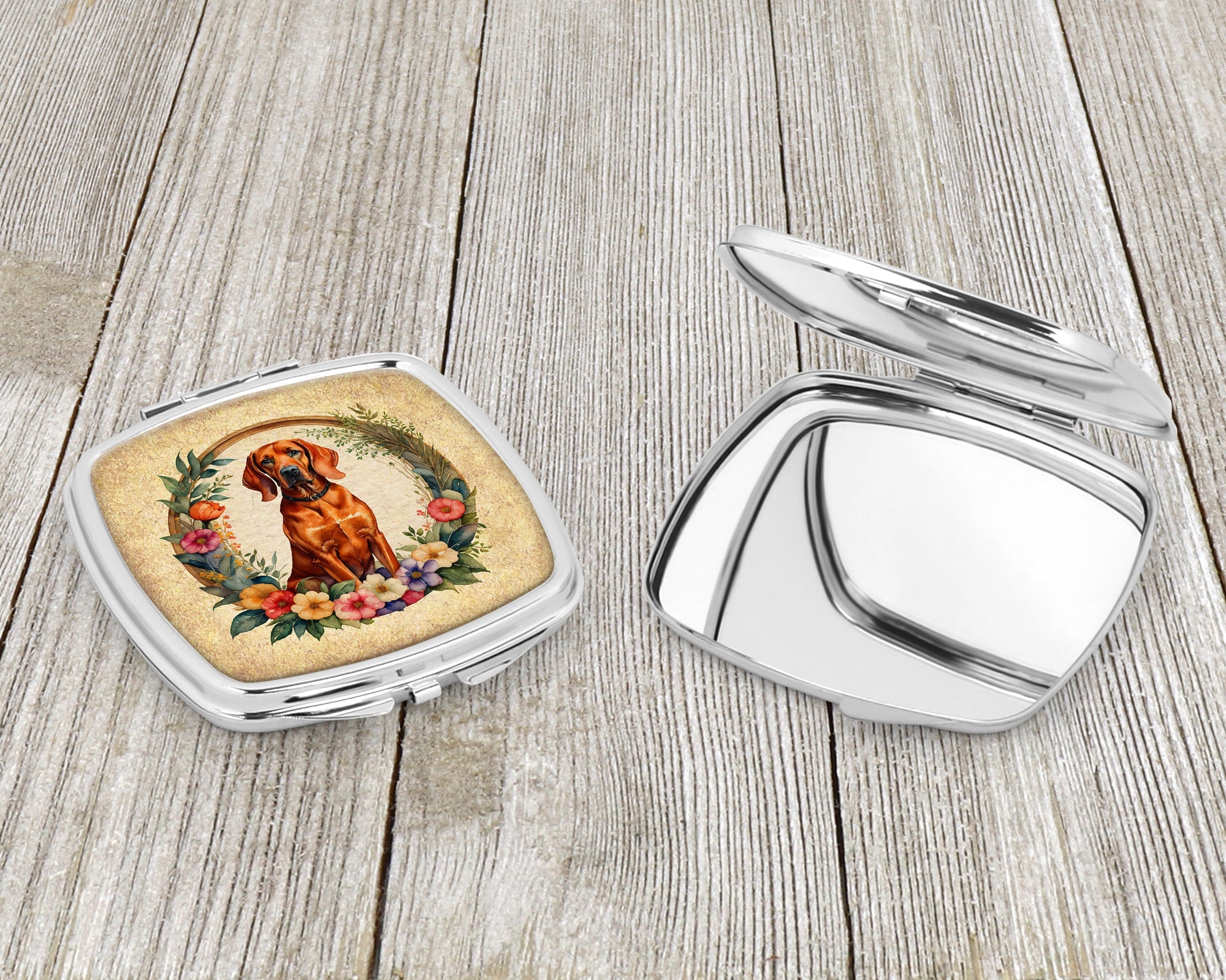 Redbone Coonhound and Flowers Compact Mirror Decorative Travel Makeup Mirror for Women Girls Gifts Pocket Makeup Mirror Folding Handheld