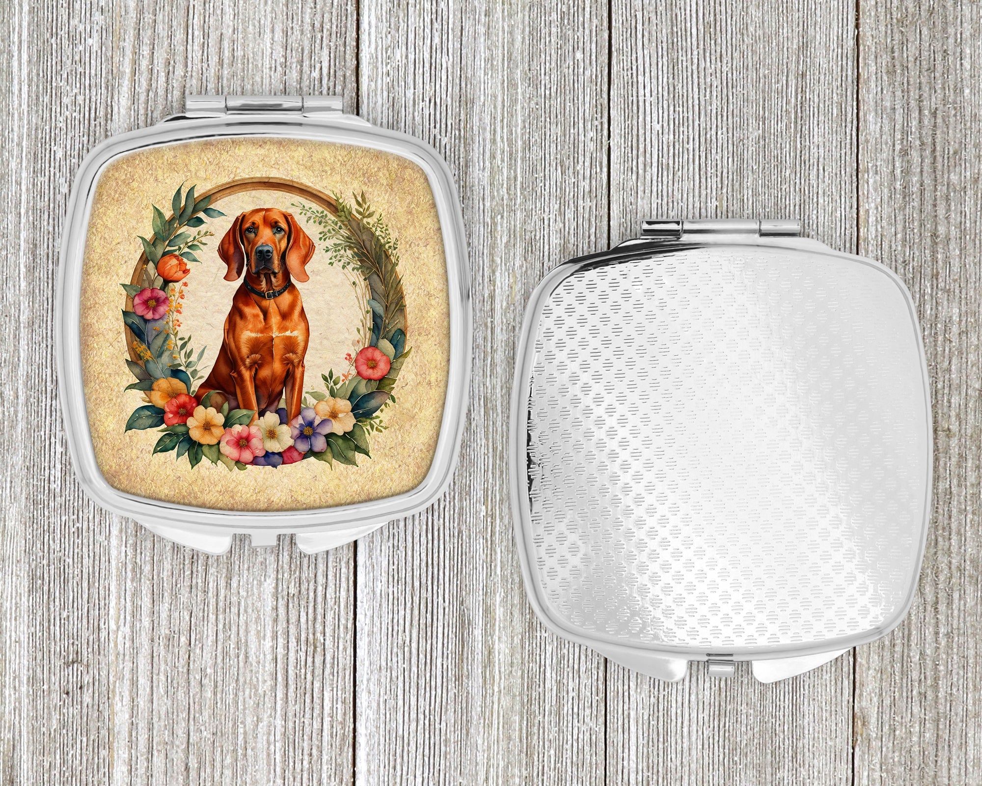 Redbone Coonhound and Flowers Compact Mirror Decorative Travel Makeup Mirror for Women Girls Gifts Pocket Makeup Mirror Folding Handheld