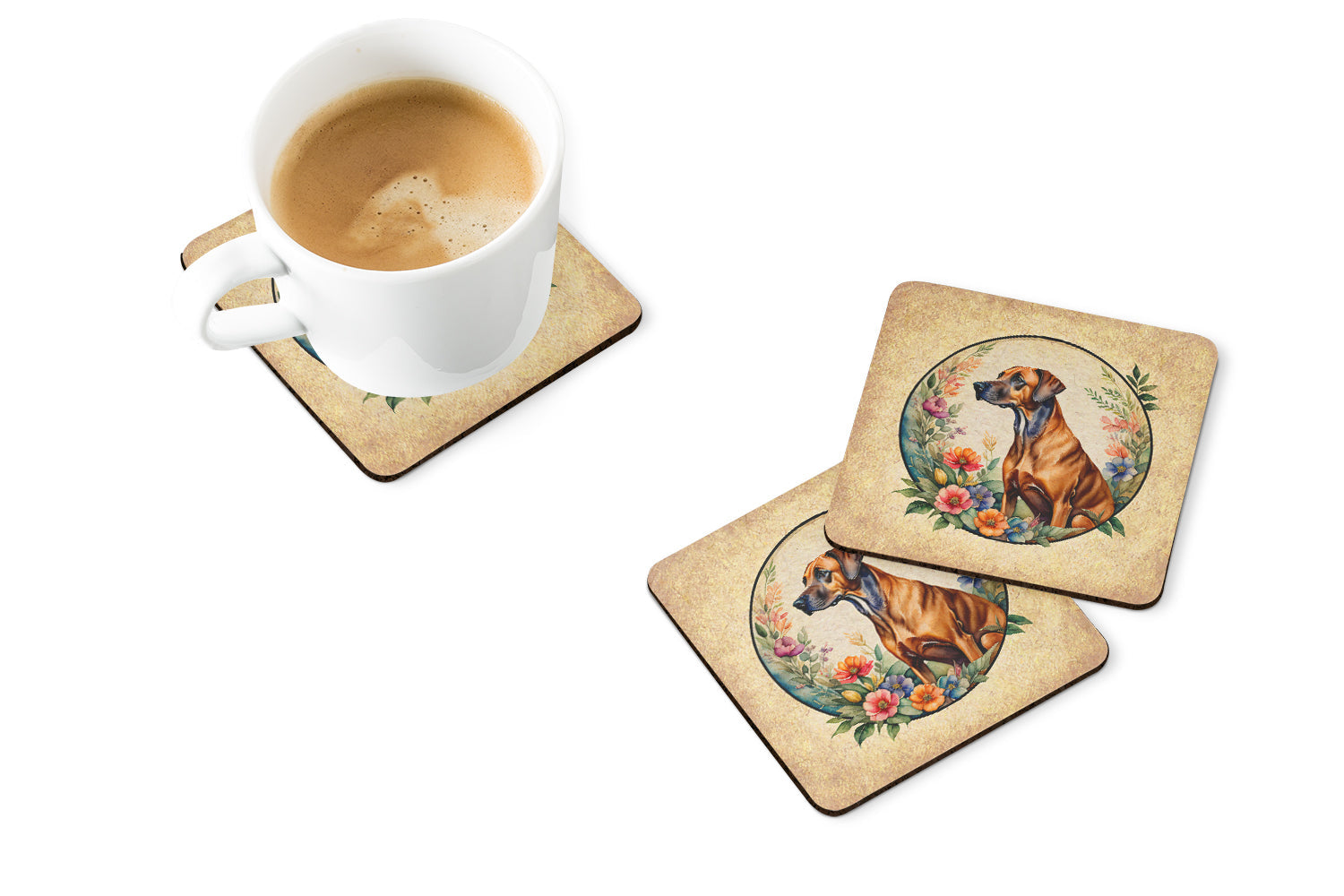 Rhodesian Ridgeback and Flowers Foam Coasters Set of 4 Cup Coasters for Indoor Outdoor, Tabletop Protection, Anti Slip, Mouse pad Material