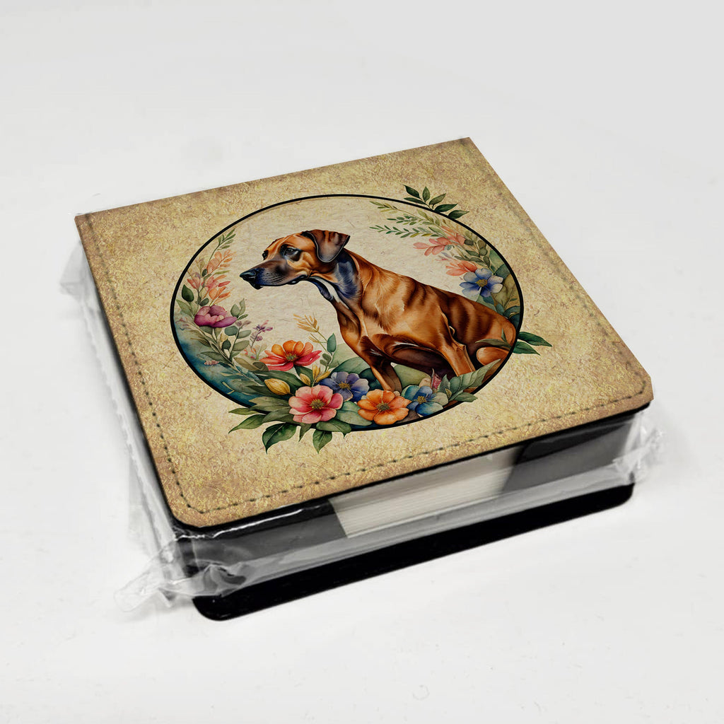 Rhodesian Ridgeback and Flowers PU Leather Note Paper Holder with Artist-Designed Cover, Desk Accessory, Office Gift