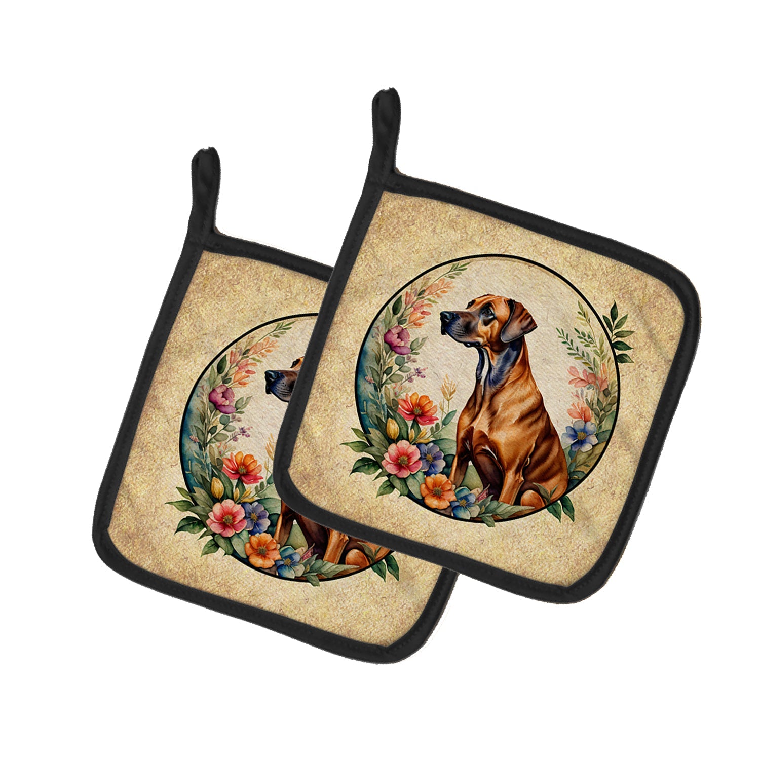 Rhodesian Ridgeback and Flowers Pot Holder Set of 2 Heat Resistant Quilted Hot Pads 7.5 x 7.5 Inch, Insulated Kitchen Trivets for Cooking & Baking