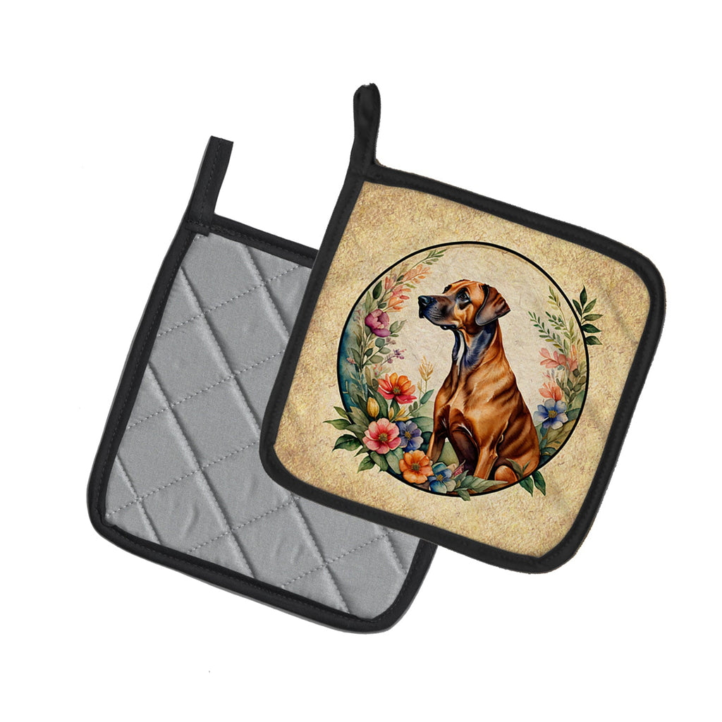 Rhodesian Ridgeback and Flowers Pot Holder Set of 2 Heat Resistant Quilted Hot Pads 7.5 x 7.5 Inch, Insulated Kitchen Trivets for Cooking & Baking