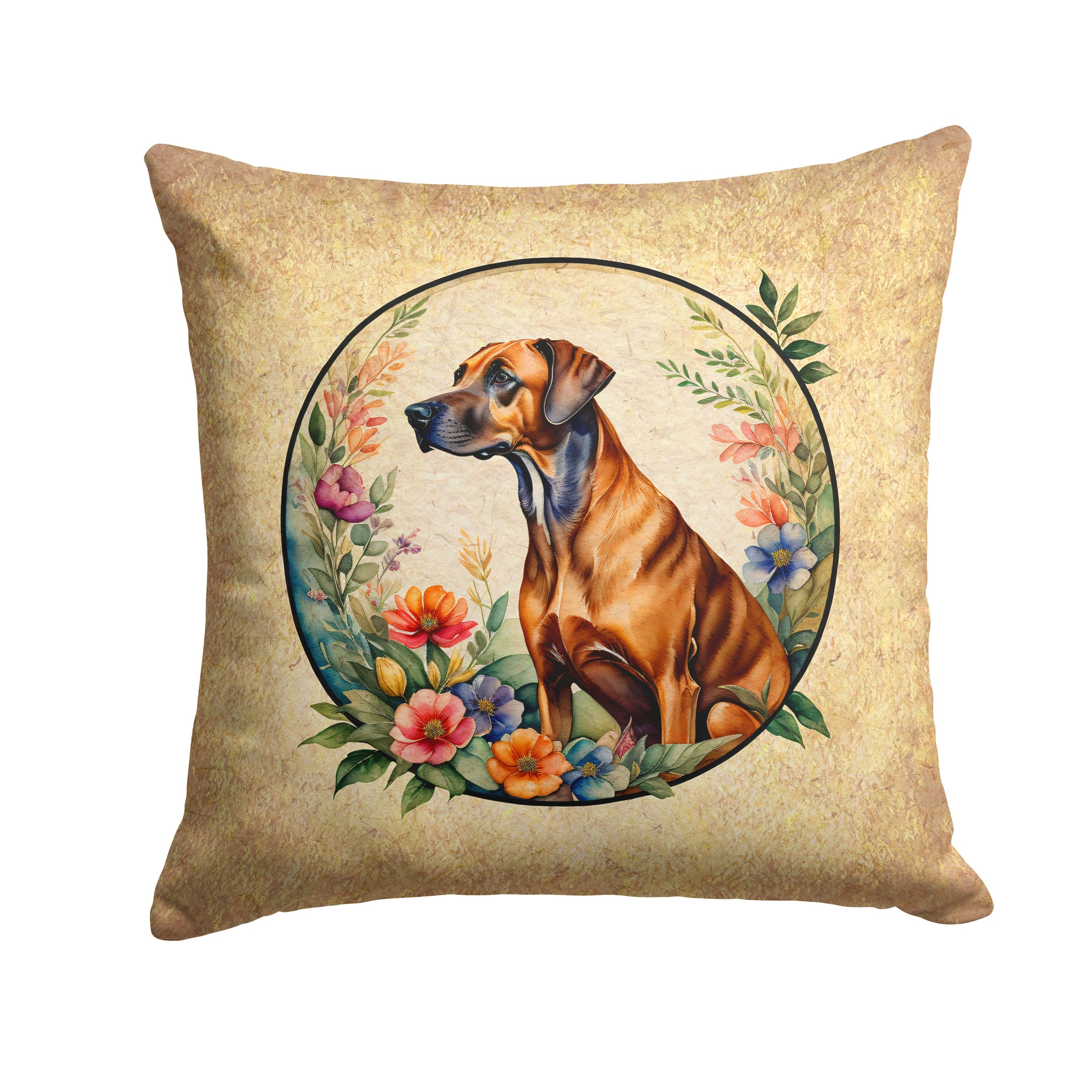 Rhodesian Ridgeback and Flowers Decorative Throw Pillow 14x14 Indoor Outdoor Accent Cushion, Fabric Cover with Insert for Sofa, Bed, Porch & Living Room