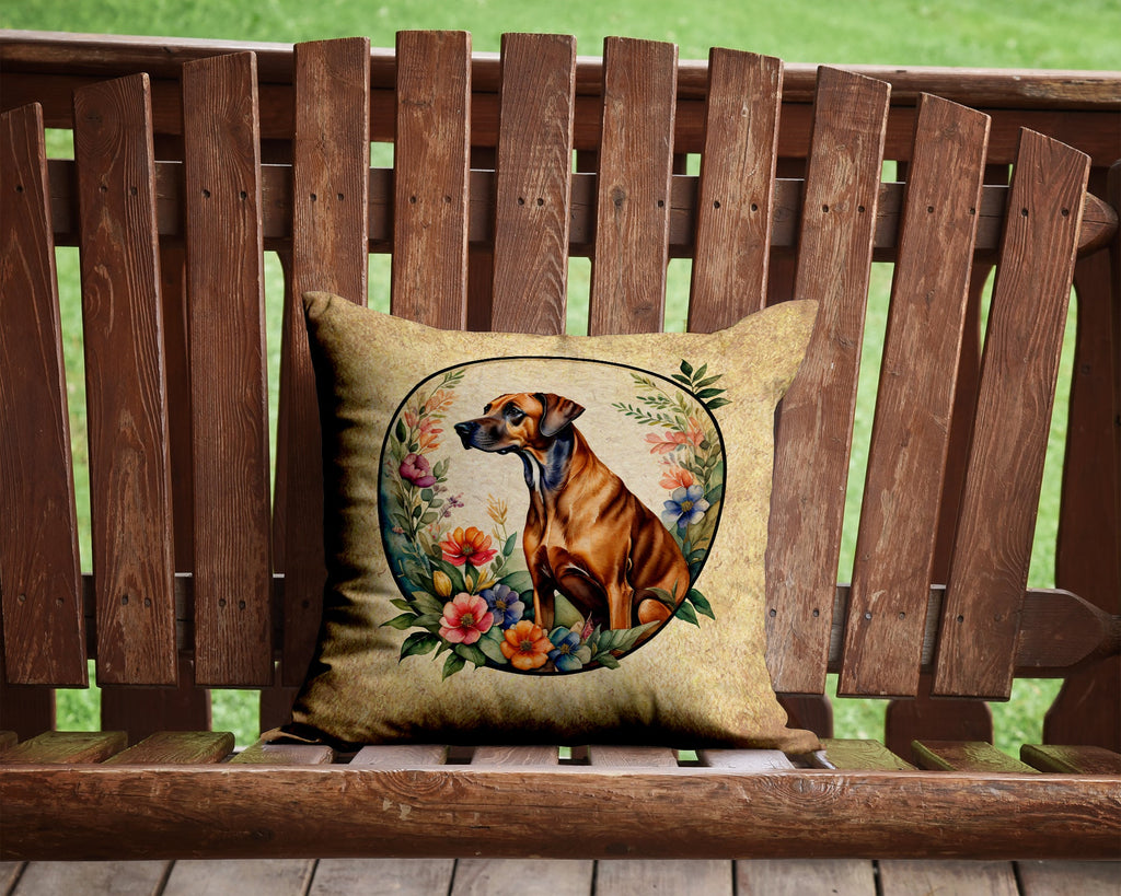 Rhodesian Ridgeback and Flowers Decorative Throw Pillow 14x14 Indoor Outdoor Accent Cushion, Fabric Cover with Insert for Sofa, Bed, Porch & Living Room