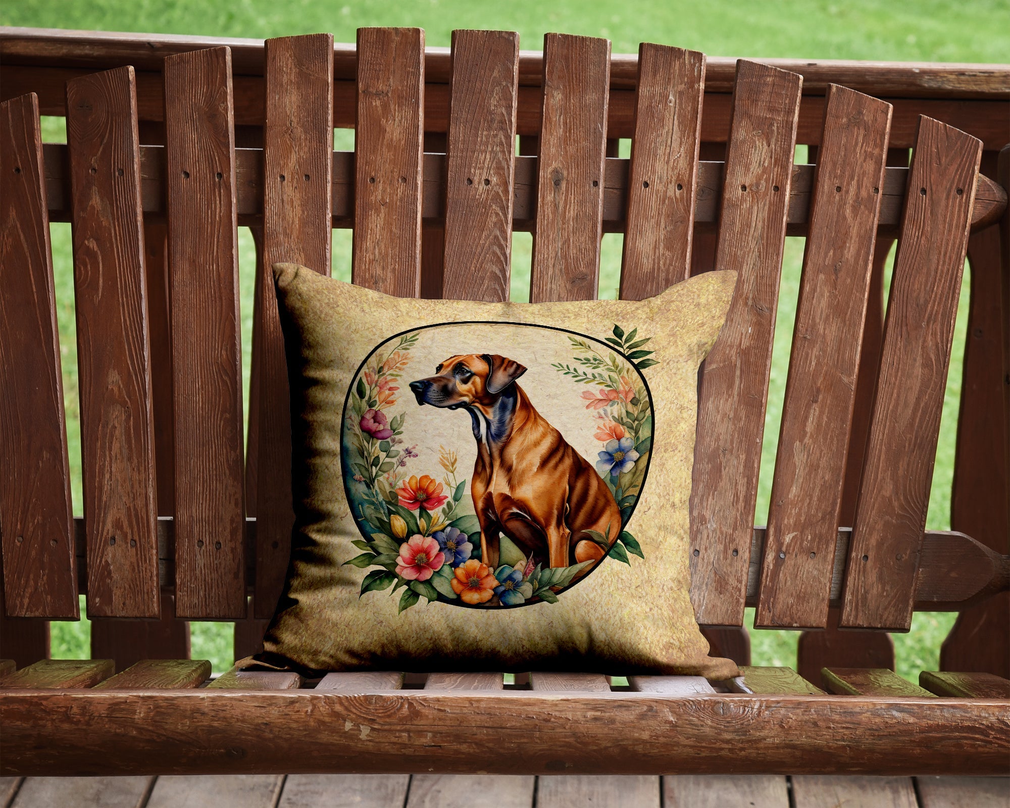 Rhodesian Ridgeback and Flowers Decorative Throw Pillow 14x14 Indoor Outdoor Accent Cushion, Fabric Cover with Insert for Sofa, Bed, Porch & Living Room