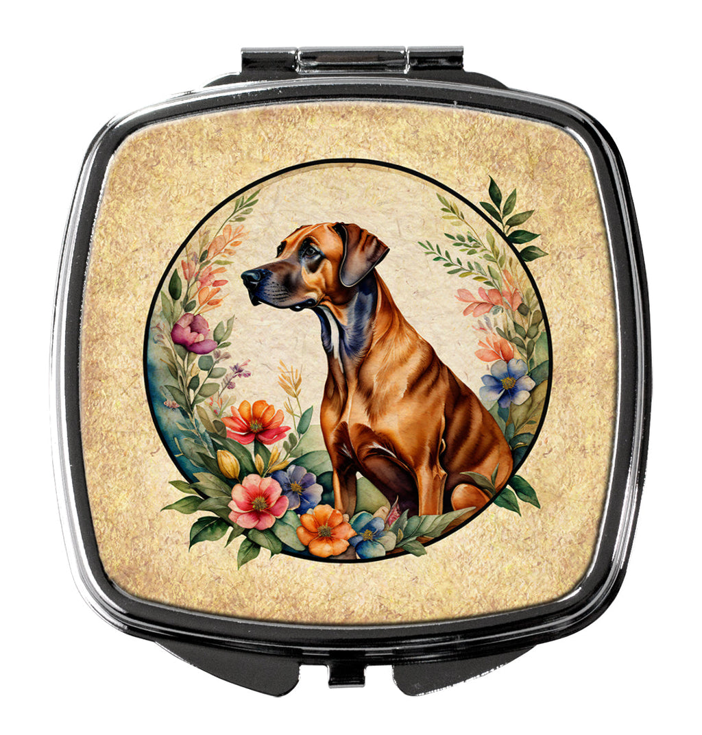 Rhodesian Ridgeback and Flowers Compact Mirror Decorative Travel Makeup Mirror for Women Girls Gifts Pocket Makeup Mirror Folding Handheld