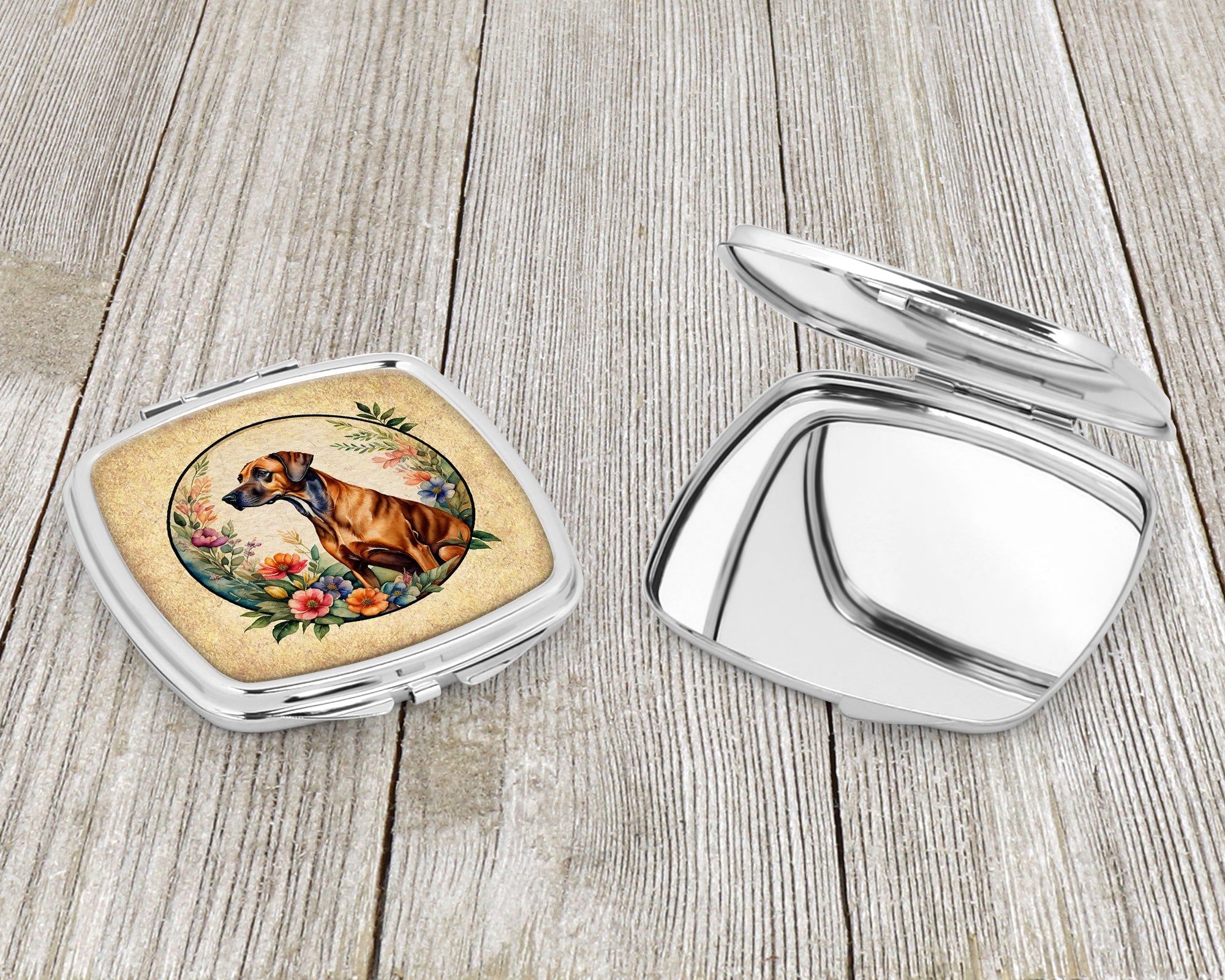 Rhodesian Ridgeback and Flowers Compact Mirror Decorative Travel Makeup Mirror for Women Girls Gifts Pocket Makeup Mirror Folding Handheld