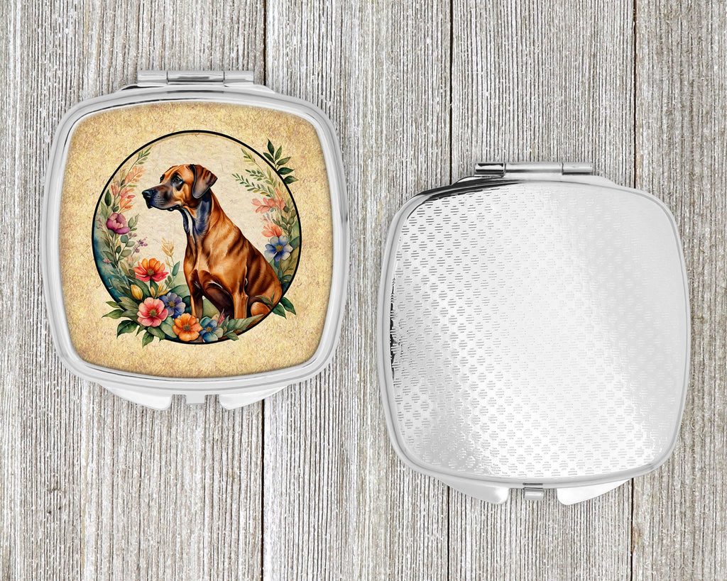 Rhodesian Ridgeback and Flowers Compact Mirror Decorative Travel Makeup Mirror for Women Girls Gifts Pocket Makeup Mirror Folding Handheld