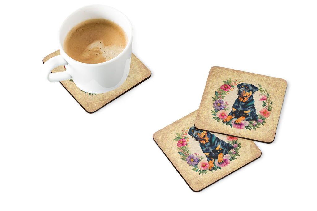 Rottweiler and Flowers Foam Coasters Set of 4 Cup Coasters for Indoor Outdoor, Tabletop Protection, Anti Slip, Mouse pad Material