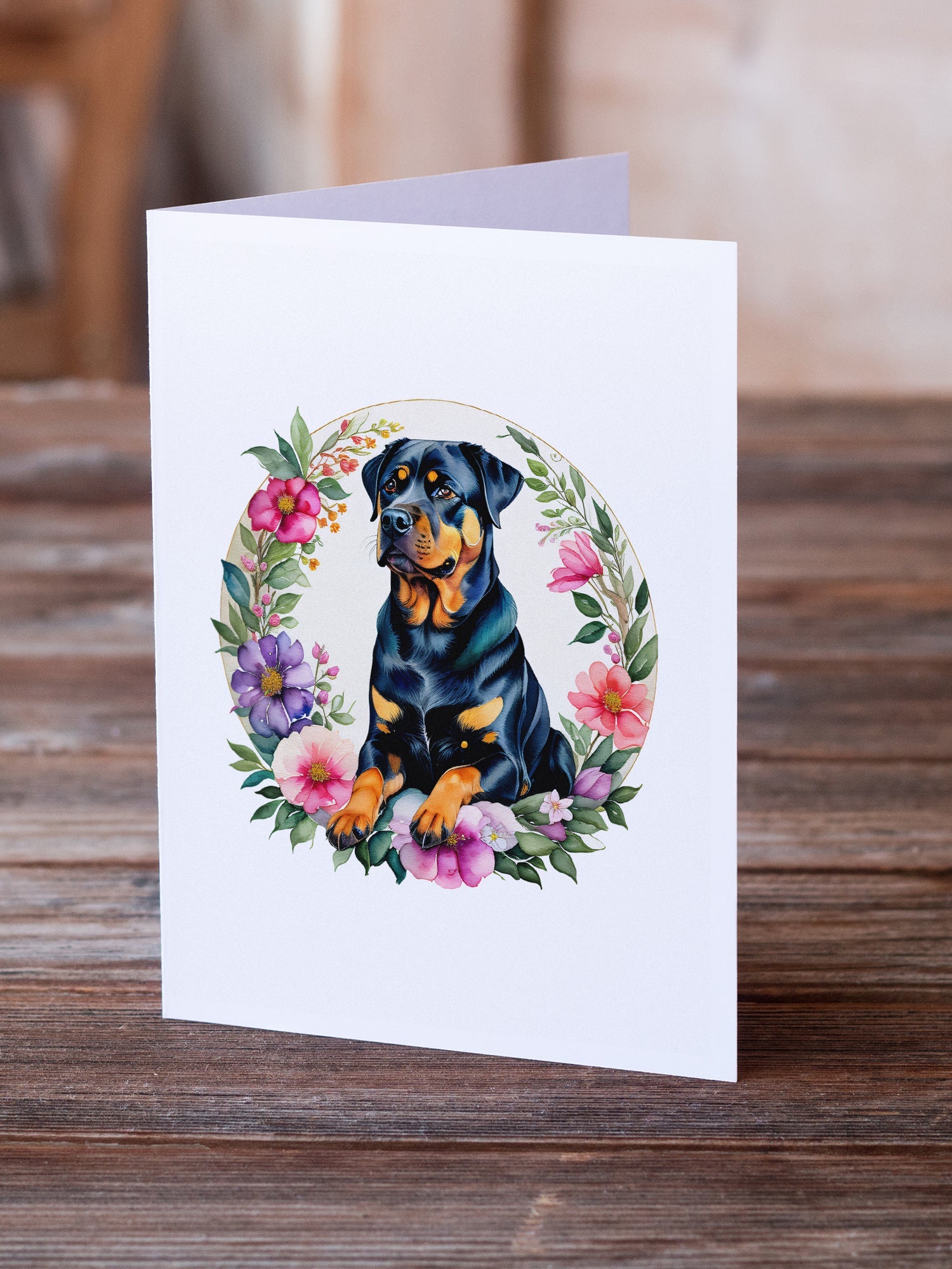 Rottweiler and Flowers Greeting Cards Pack of 8 Blank Cards with Envelopes Whimsical A7 Size 5x7