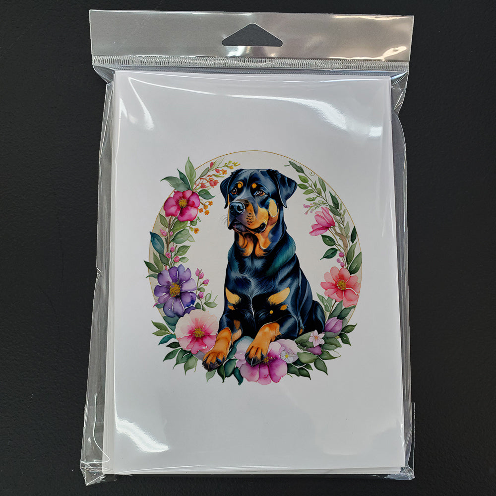 Rottweiler and Flowers Greeting Cards Pack of 8 Blank Cards with Envelopes Whimsical A7 Size 5x7