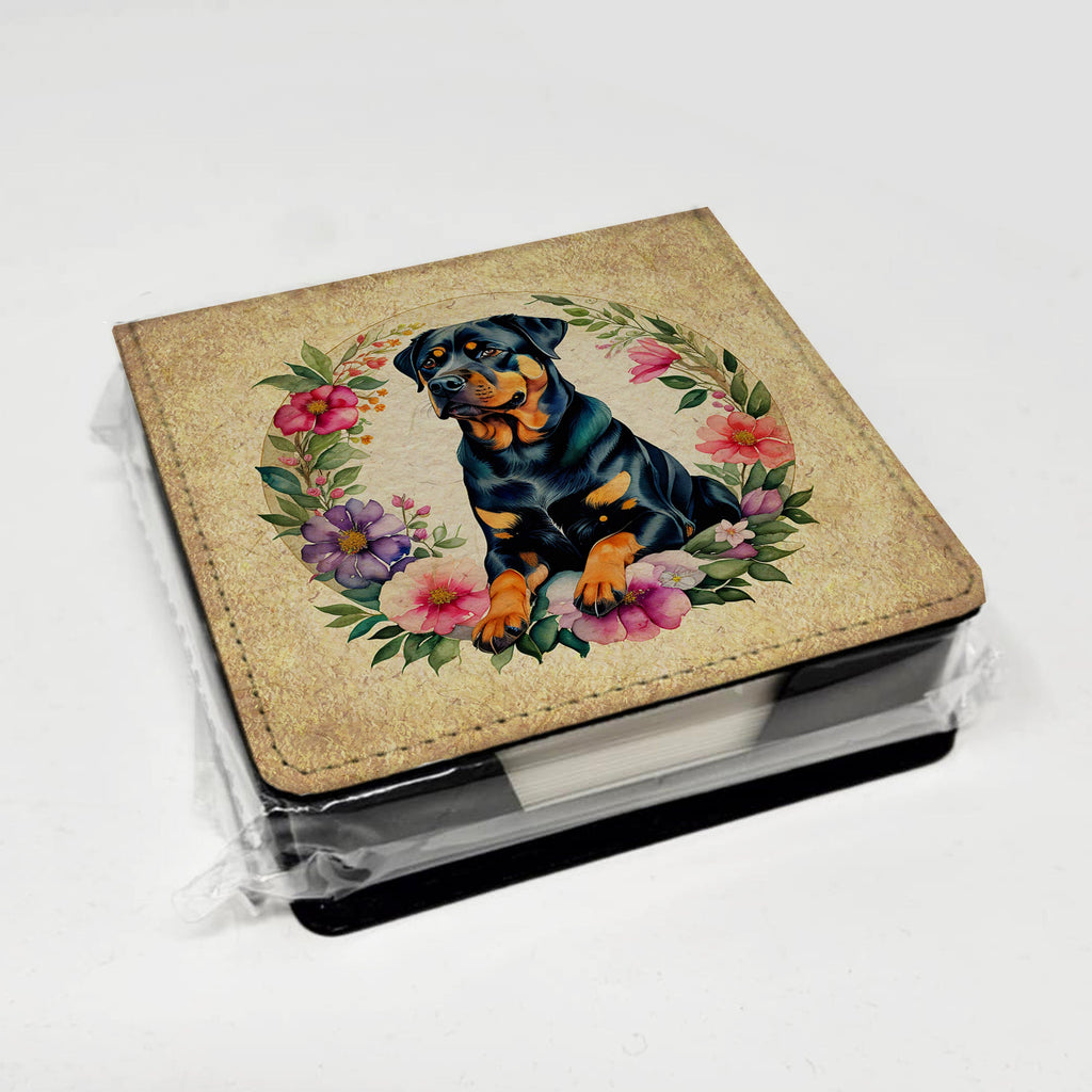 Rottweiler and Flowers PU Leather Note Paper Holder with Artist-Designed Cover, Desk Accessory, Office Gift