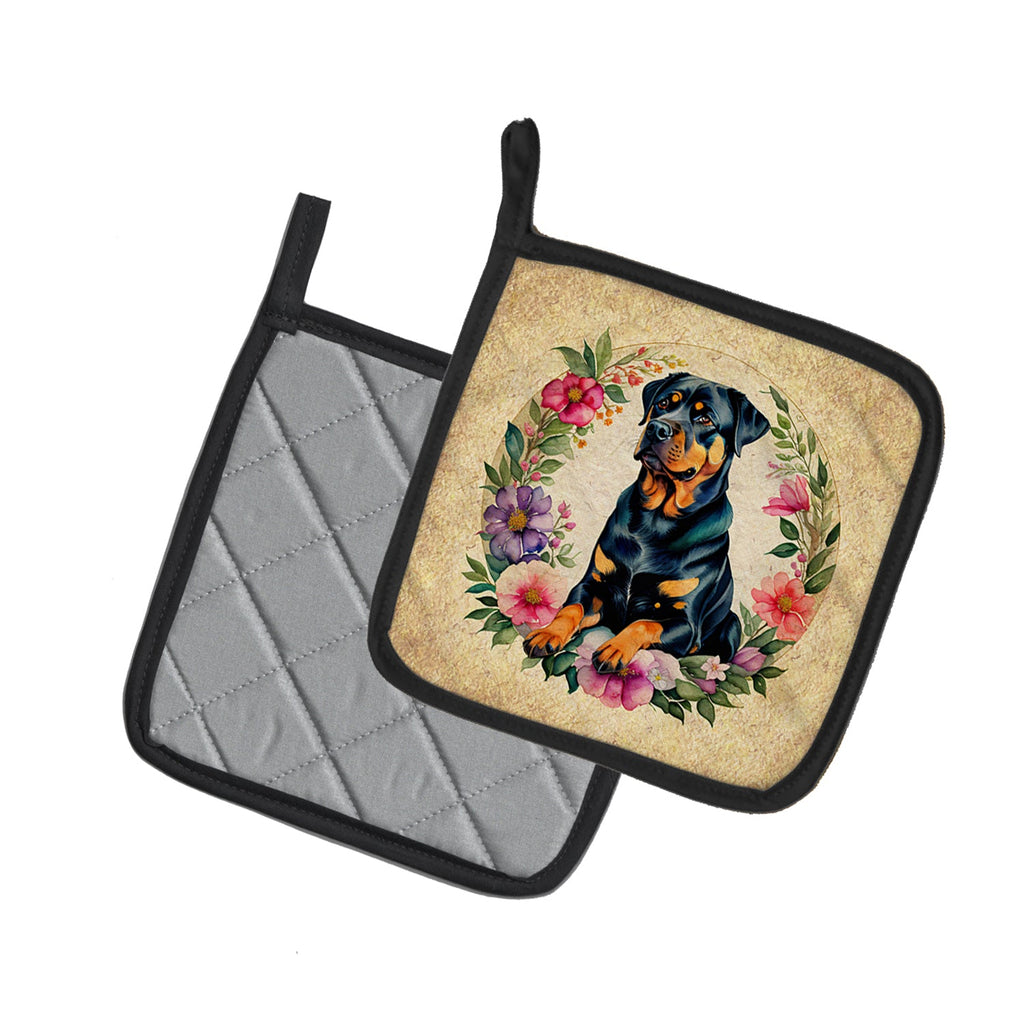 Rottweiler and Flowers Pot Holder Set of 2 Heat Resistant Quilted Hot Pads 7.5 x 7.5 Inch, Insulated Kitchen Trivets for Cooking & Baking