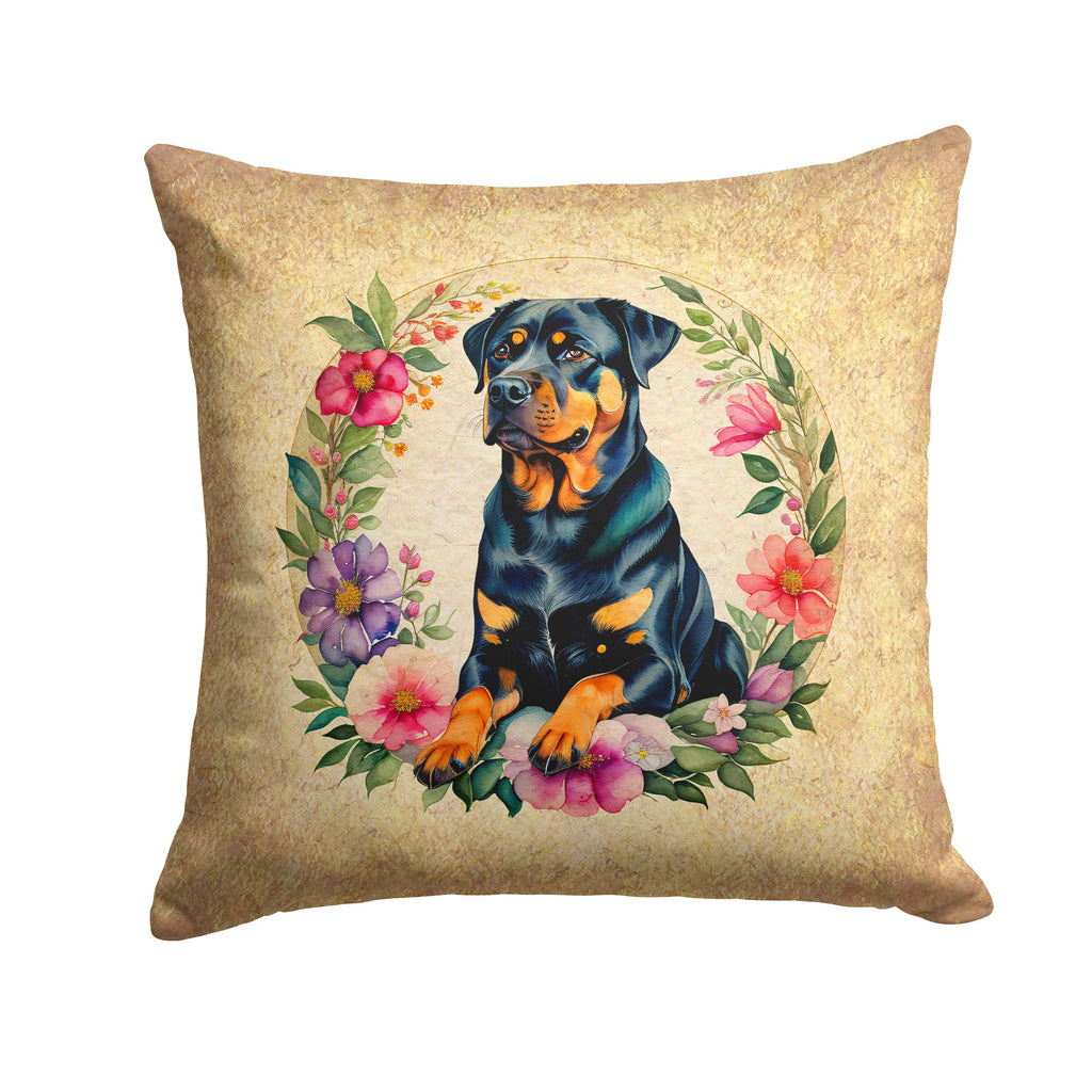 Rottweiler and Flowers Decorative Throw Pillow 14x14 Indoor Outdoor Accent Cushion, Fabric Cover with Insert for Sofa, Bed, Porch & Living Room