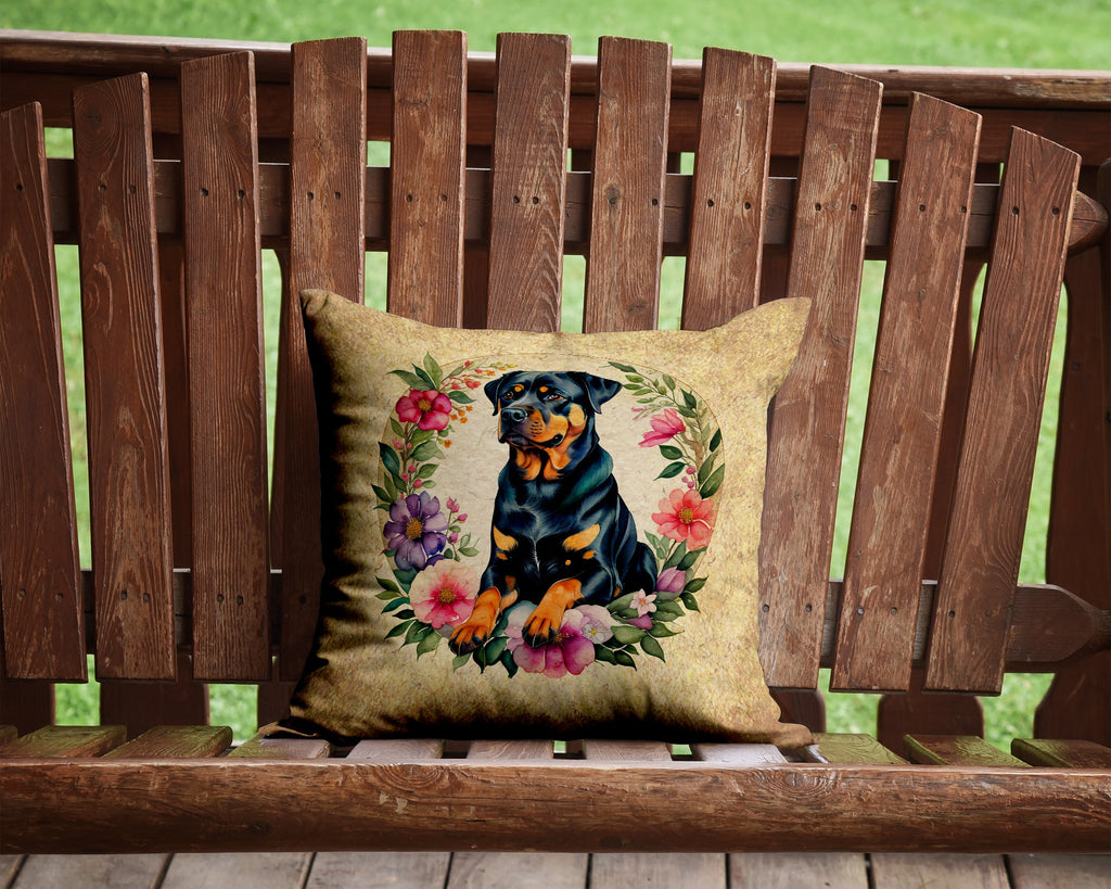 Rottweiler and Flowers Decorative Throw Pillow 14x14 Indoor Outdoor Accent Cushion, Fabric Cover with Insert for Sofa, Bed, Porch & Living Room