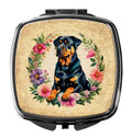 Rottweiler and Flowers Compact Mirror Decorative Travel Makeup Mirror for Women Girls Gifts Pocket Makeup Mirror Folding Handheld