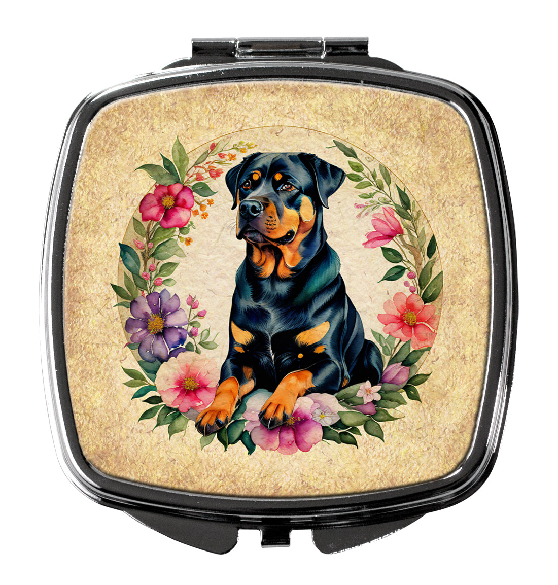 Rottweiler and Flowers Compact Mirror Decorative Travel Makeup Mirror for Women Girls Gifts Pocket Makeup Mirror Folding Handheld