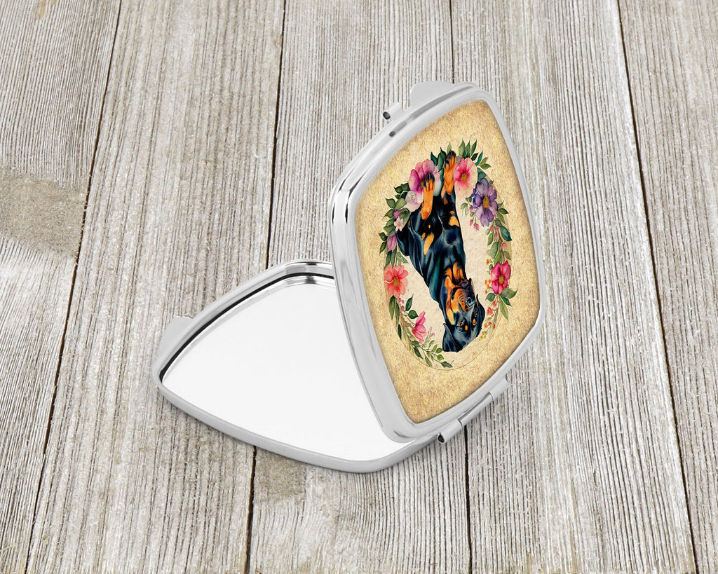Rottweiler and Flowers Compact Mirror Decorative Travel Makeup Mirror for Women Girls Gifts Pocket Makeup Mirror Folding Handheld