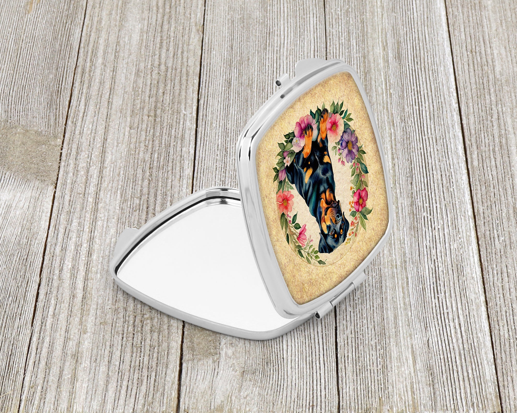 Rottweiler and Flowers Compact Mirror Decorative Travel Makeup Mirror for Women Girls Gifts Pocket Makeup Mirror Folding Handheld