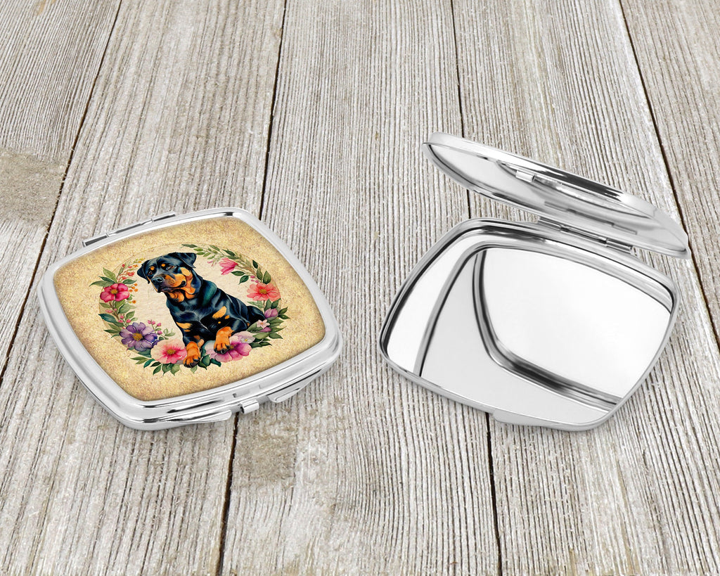 Rottweiler and Flowers Compact Mirror Decorative Travel Makeup Mirror for Women Girls Gifts Pocket Makeup Mirror Folding Handheld