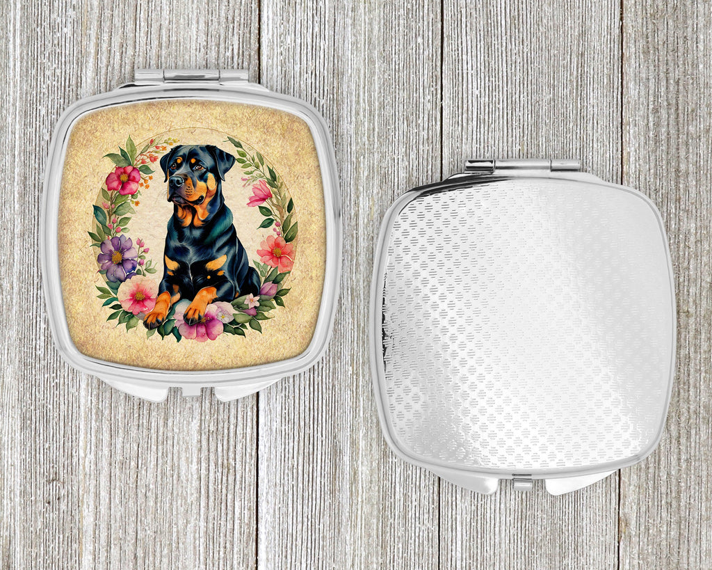 Rottweiler and Flowers Compact Mirror Decorative Travel Makeup Mirror for Women Girls Gifts Pocket Makeup Mirror Folding Handheld