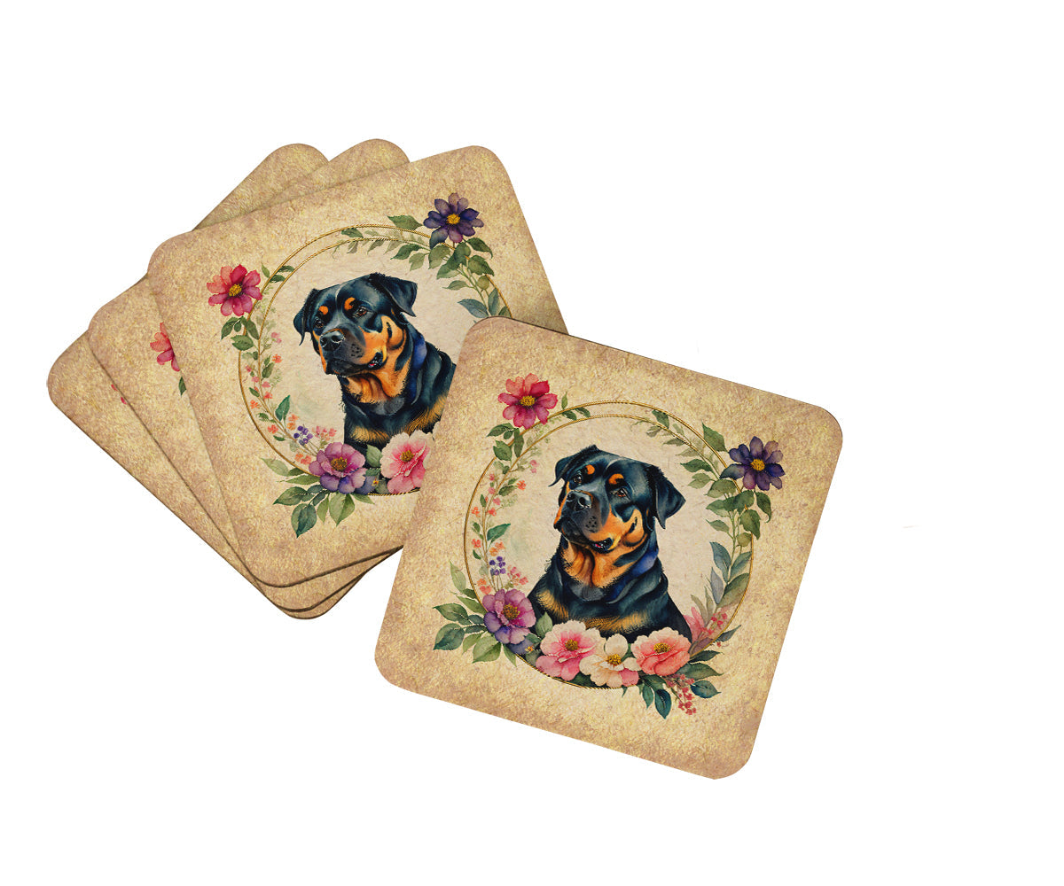 Rottweiler and Flowers Foam Coasters Set of 4 Cup Coasters for Indoor Outdoor, Tabletop Protection, Anti Slip, Mouse pad Material
