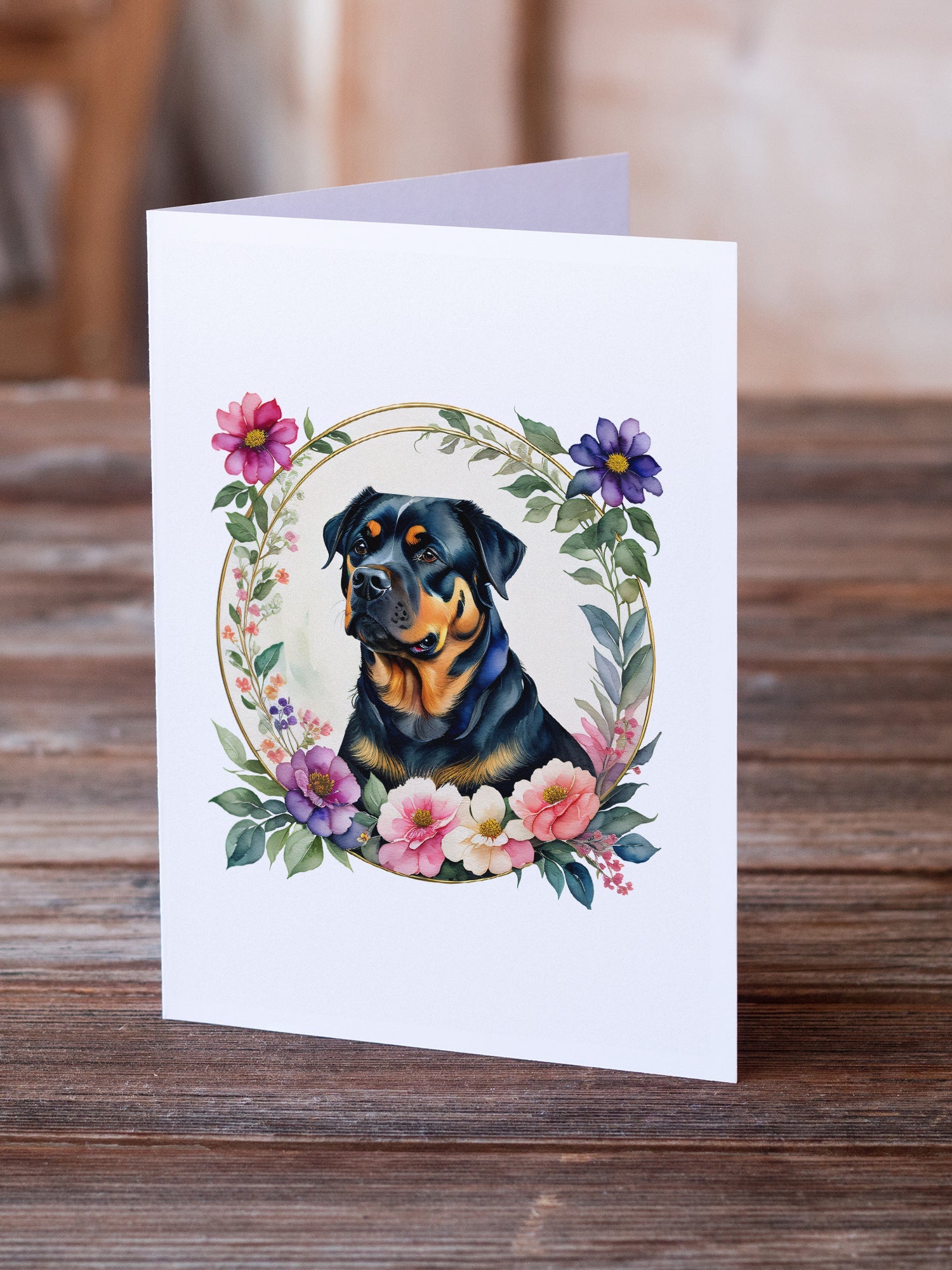Rottweiler and Flowers Greeting Cards Pack of 8 Blank Cards with Envelopes Whimsical A7 Size 5x7