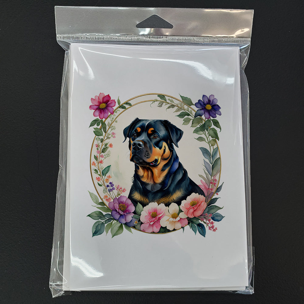 Rottweiler and Flowers Greeting Cards Pack of 8 Blank Cards with Envelopes Whimsical A7 Size 5x7